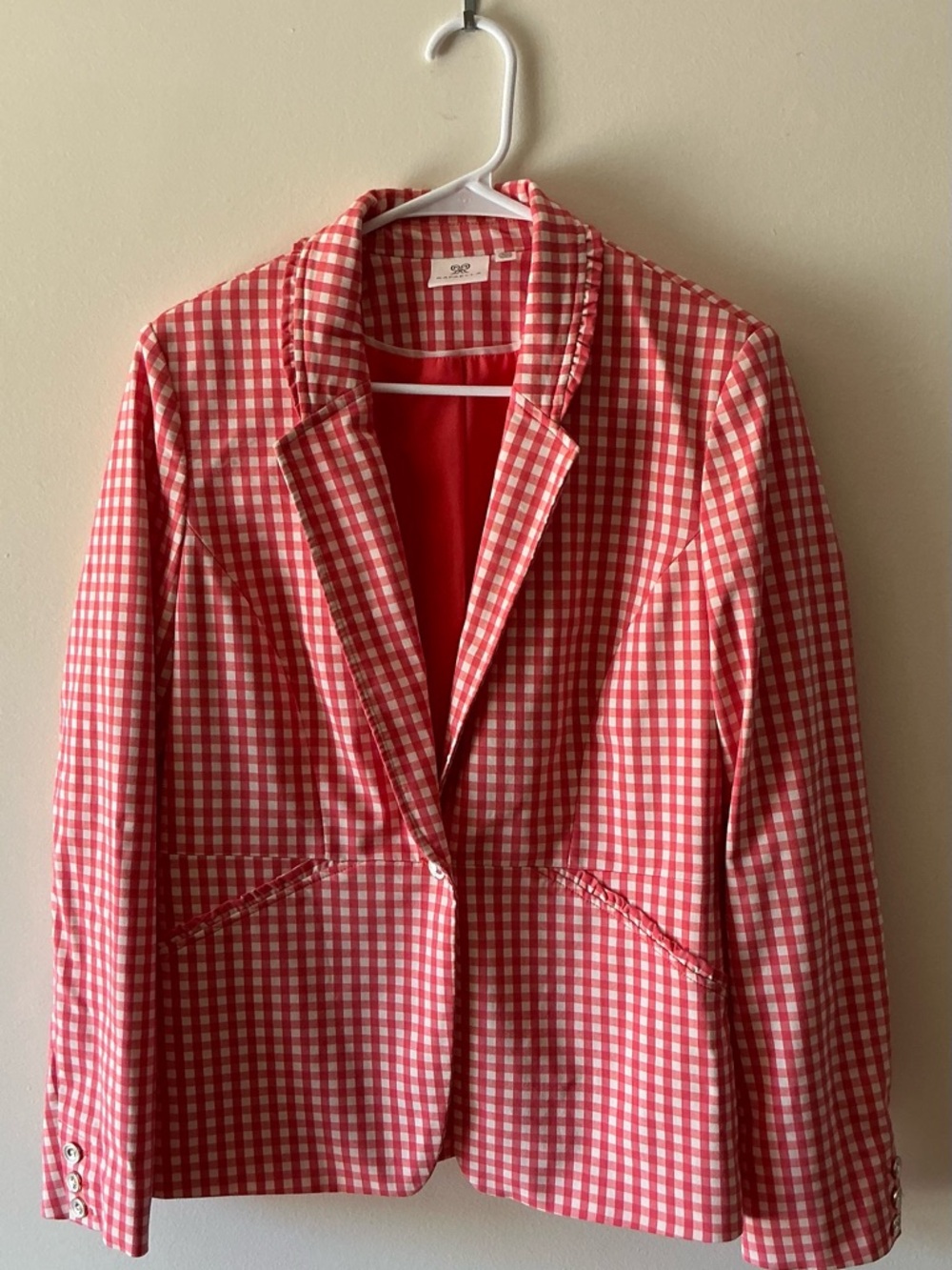Rafaella pink Gingham Blazer - Single Button Notch Lapel - Ruffle Trim - Size  L